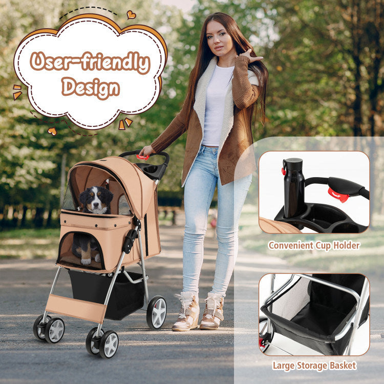 Folding Stroller with Storage Basket and Adjustable Canopy For Dogs and Cats