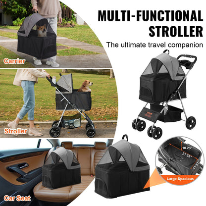 4 Wheel Stroller with Detachable Carrier and Storage Basket for Dogs and Cats