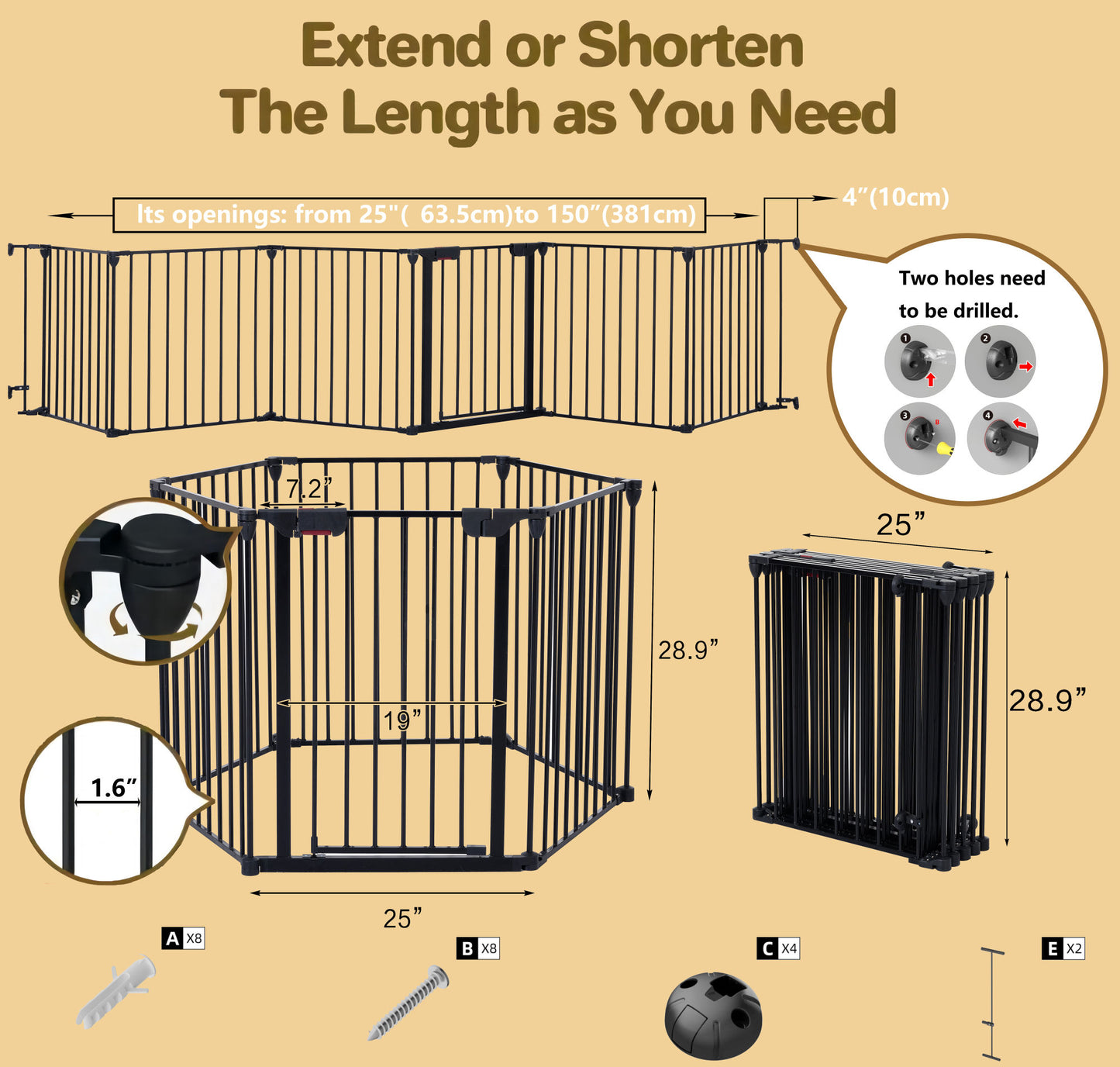 Adjustable 6 Panel Gate for Indoors Dog Safety - 150 inches