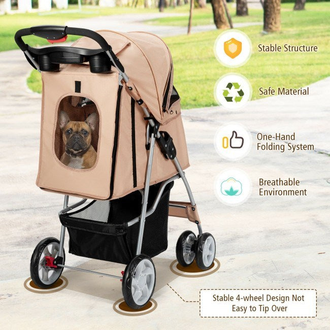 Foldable 4-Wheel Stroller with Storage Basket For Dogs and Cats