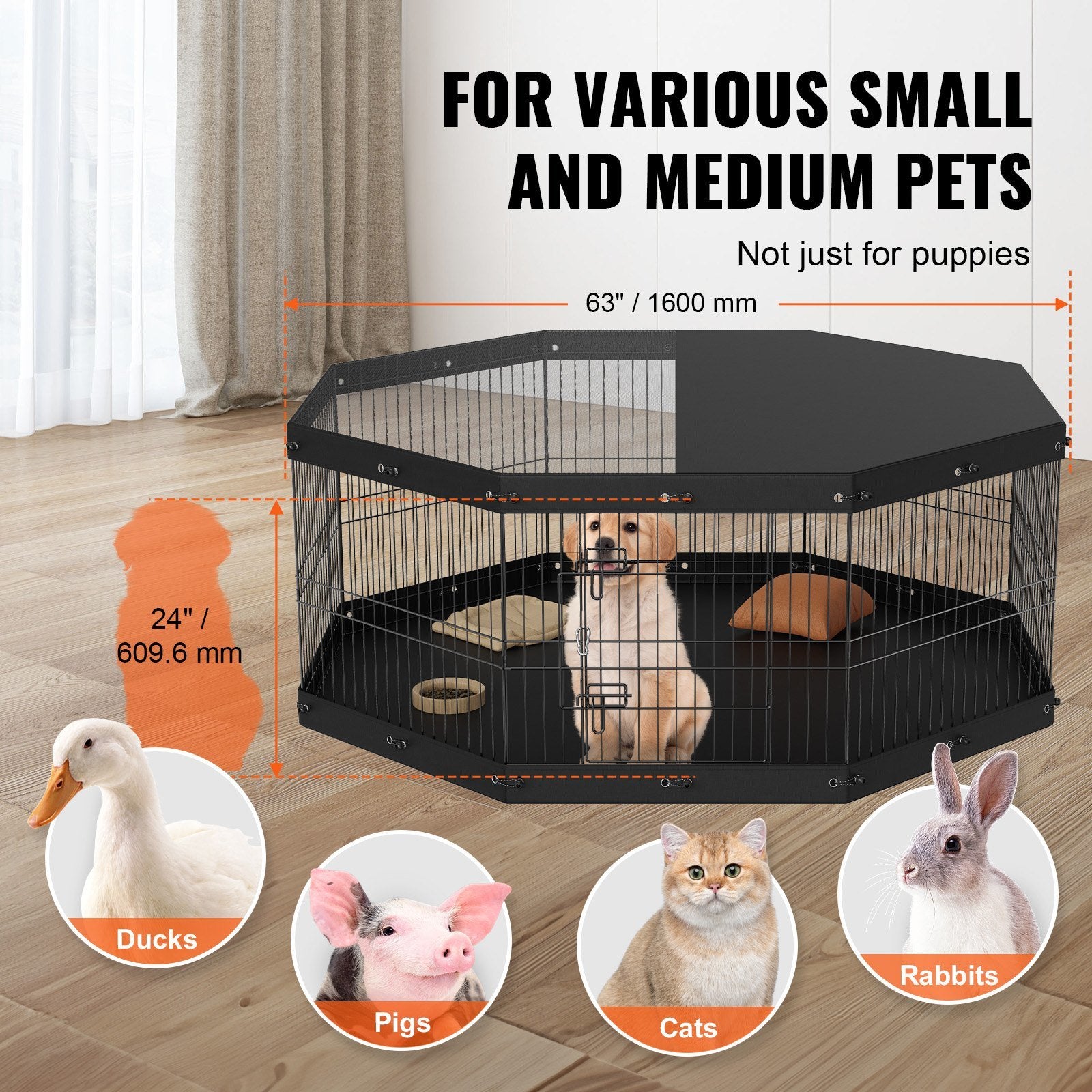 8 Panel Foldable Dog Playpen with Top Cover and Bottom Pad - 63"