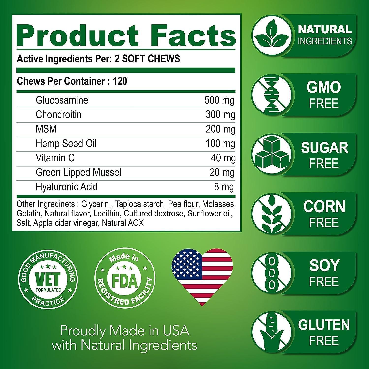 2 Pack - Natural Glucosamine Hip and Joint Supplement with Chondroitin for Dogs - 240 Chews