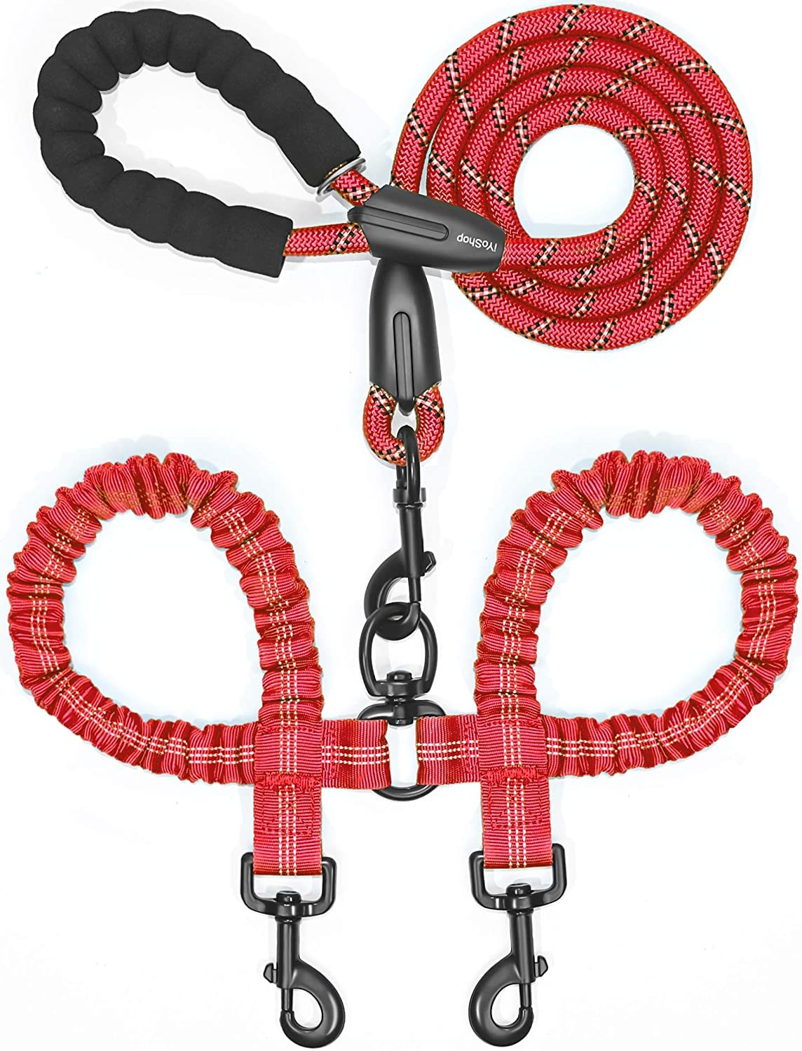 Double Dog Leash No Tangle Absorbing Bungee for Two Dogs