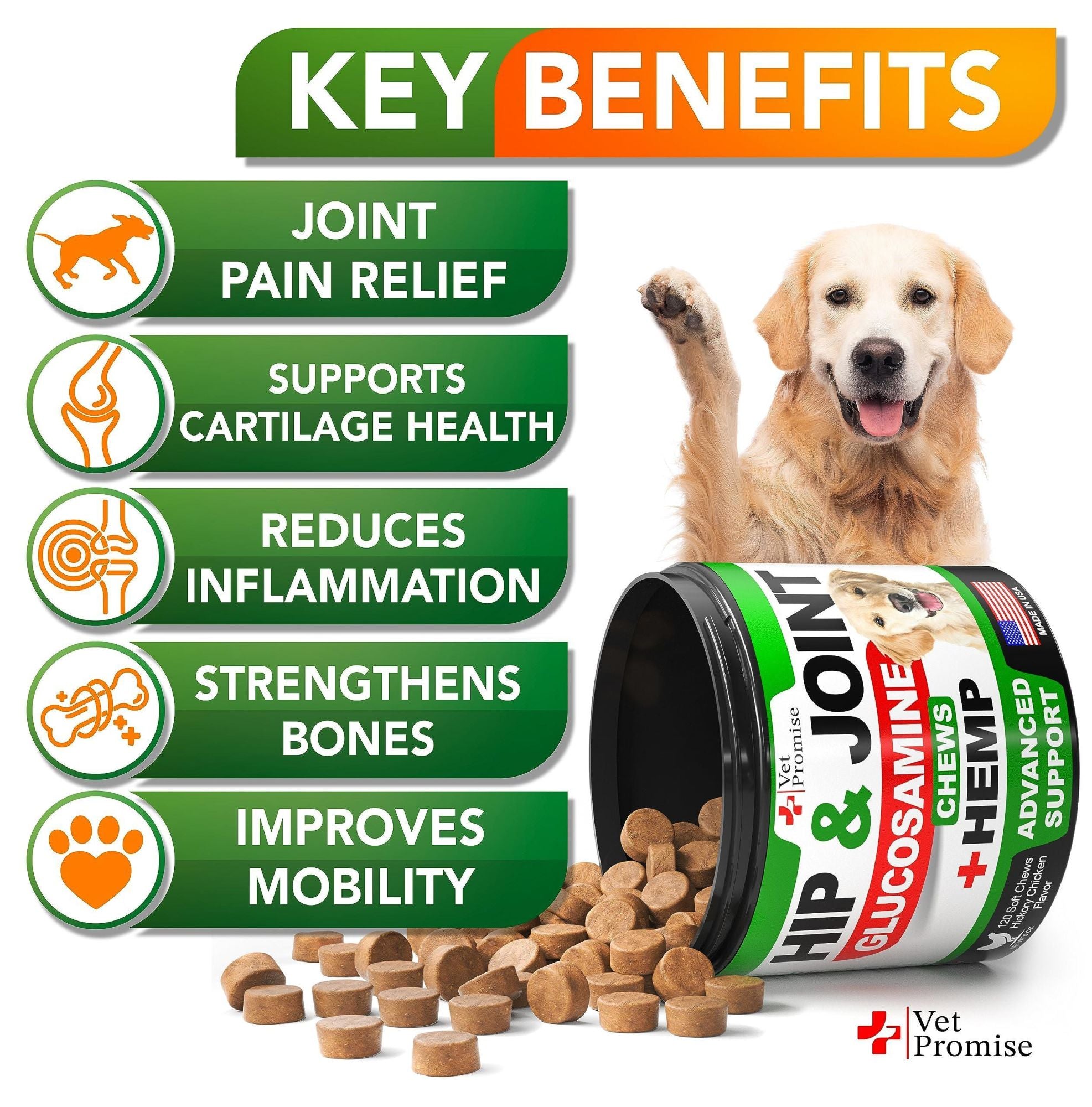 Vet Promise - Hip and Joint Chews for Dogs with Glucosamine, Chondroitin, MSM, Hemp Oil