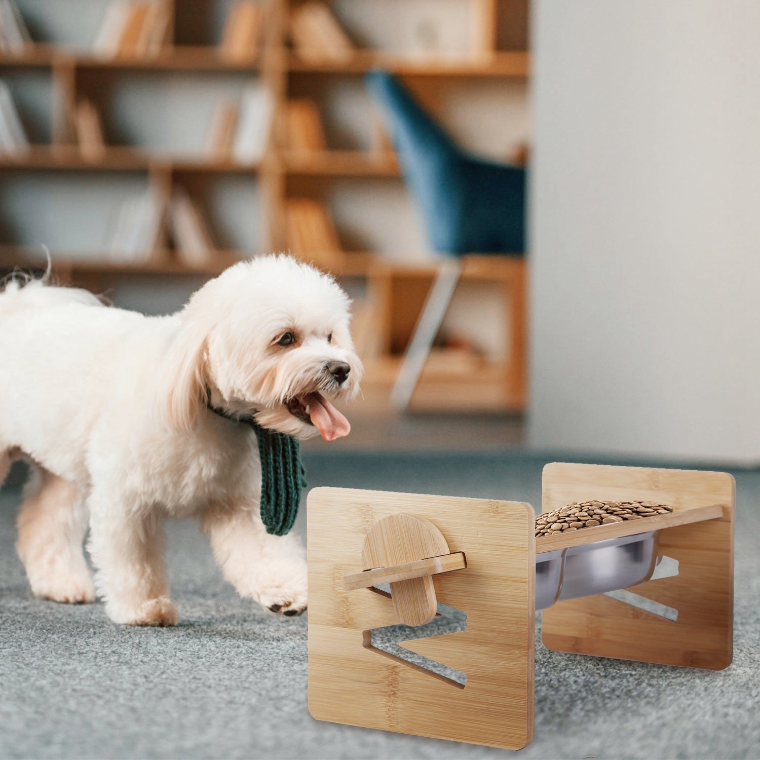 Bamboo Raised Stand Feeder with Bowls for Dogs