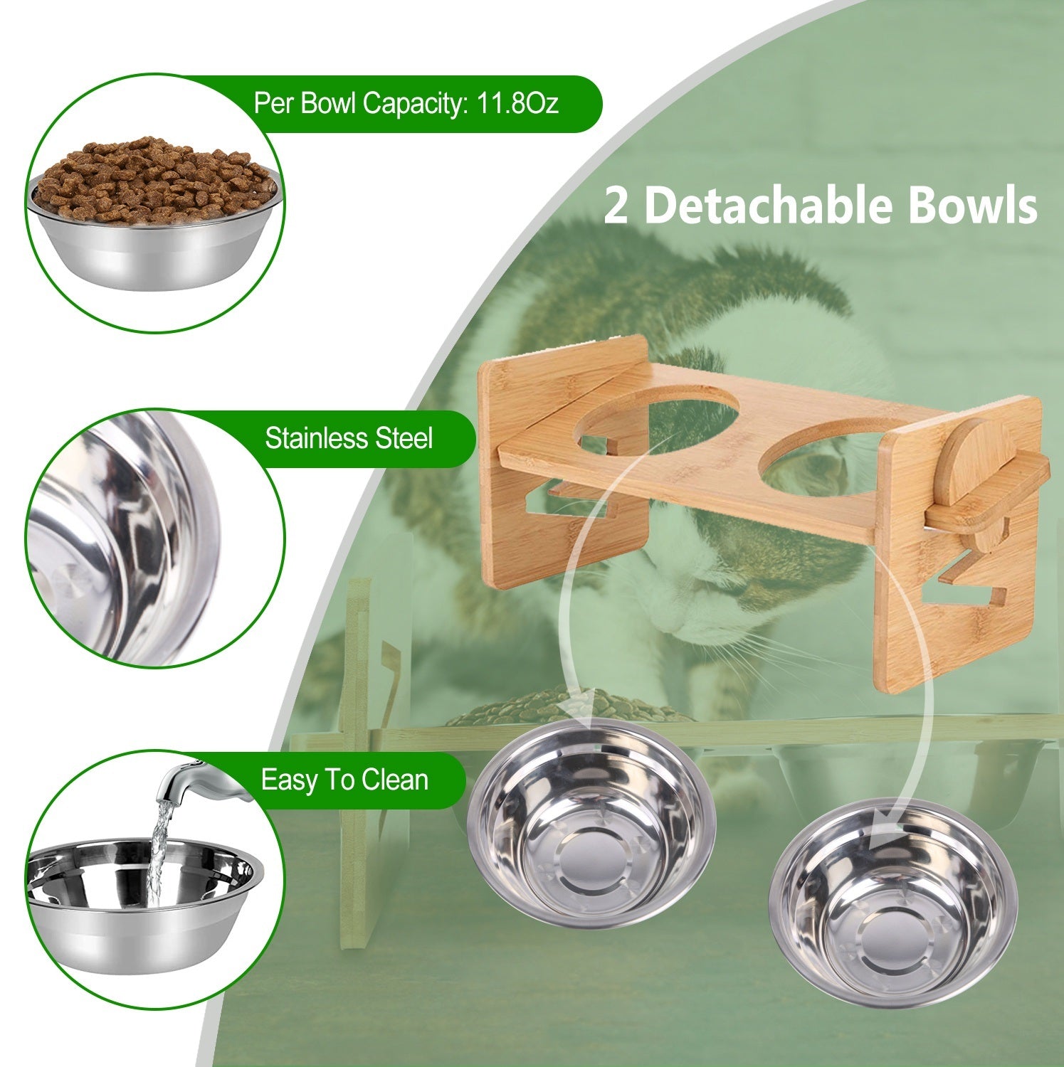 Bamboo Raised Stand Feeder with Bowls for Dogs