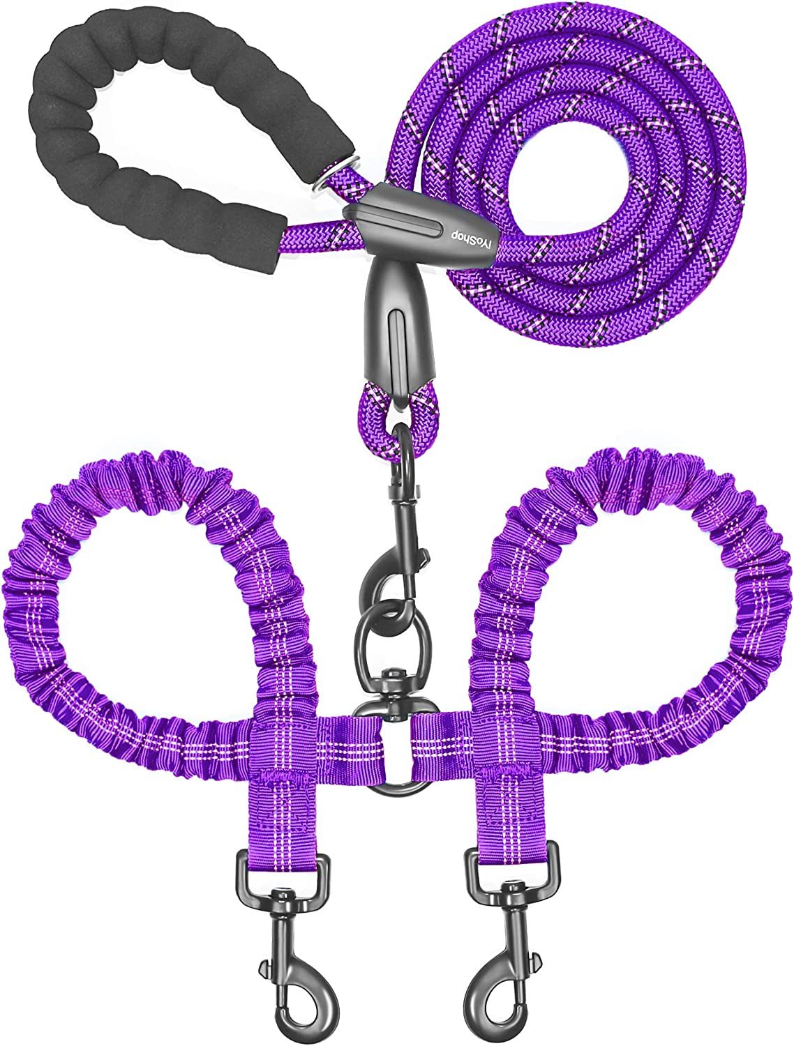 Double Dog Leash No Tangle Absorbing Bungee for Two Dogs