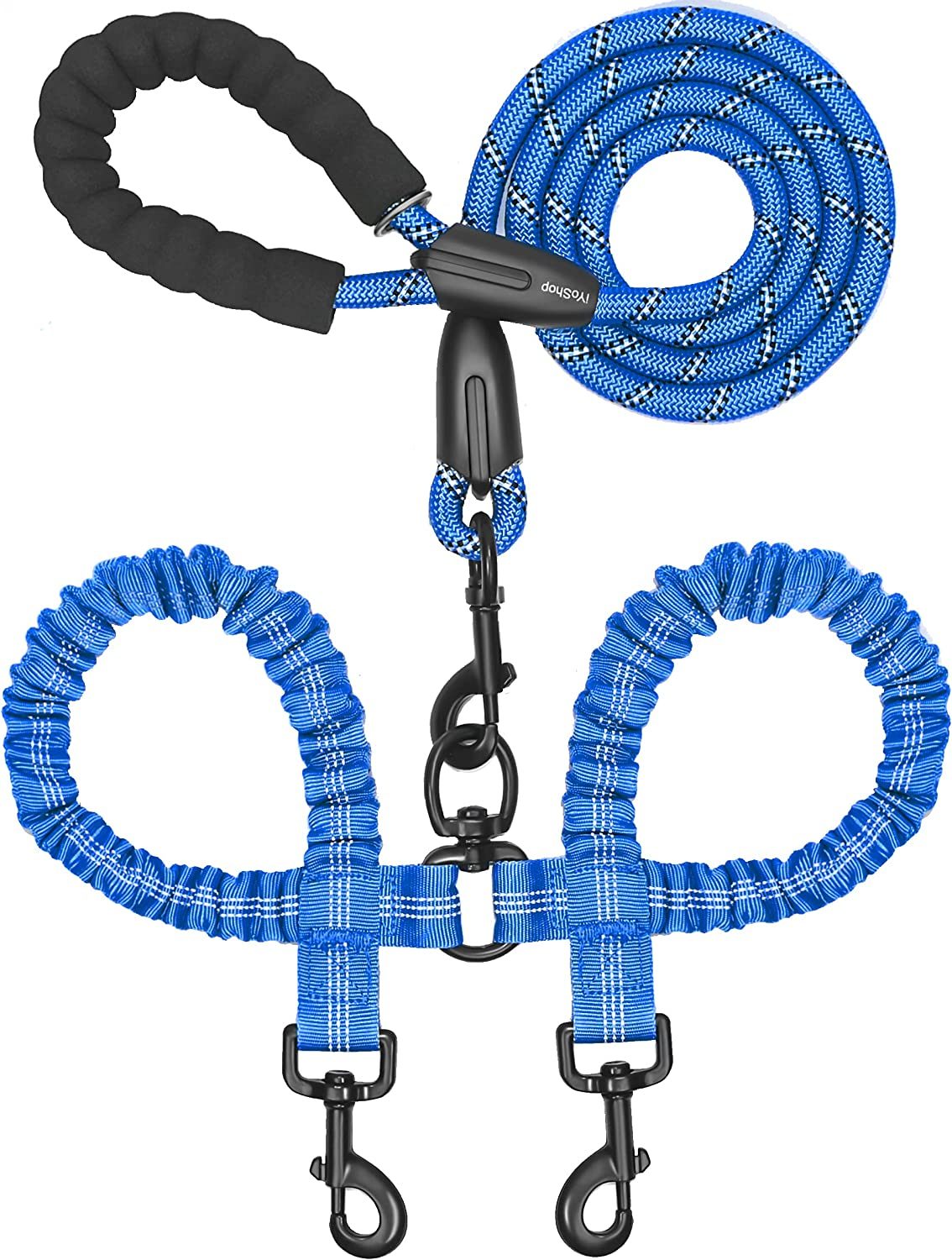 Double Dog Leash No Tangle Absorbing Bungee for Two Dogs