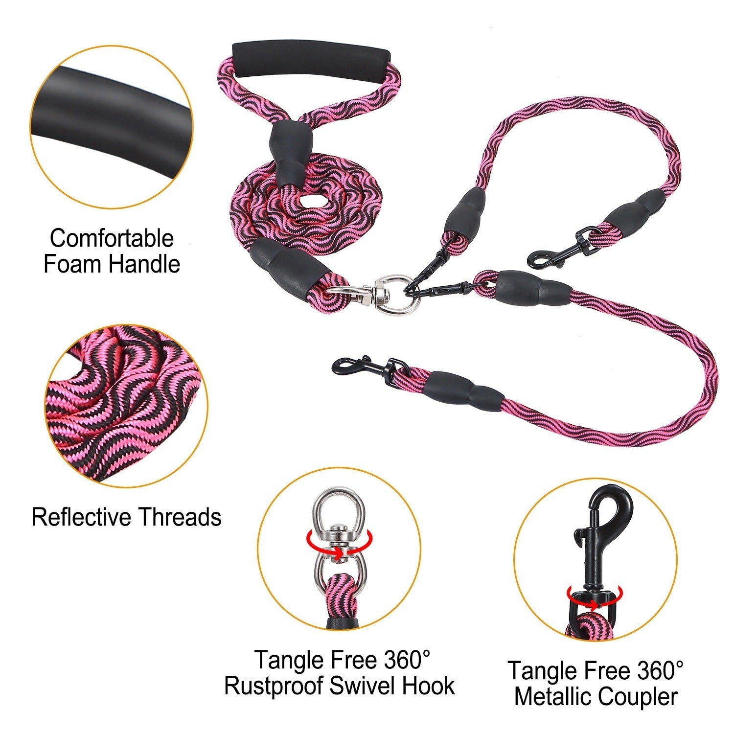 Tangle-Free Double Dog Reflective Leash